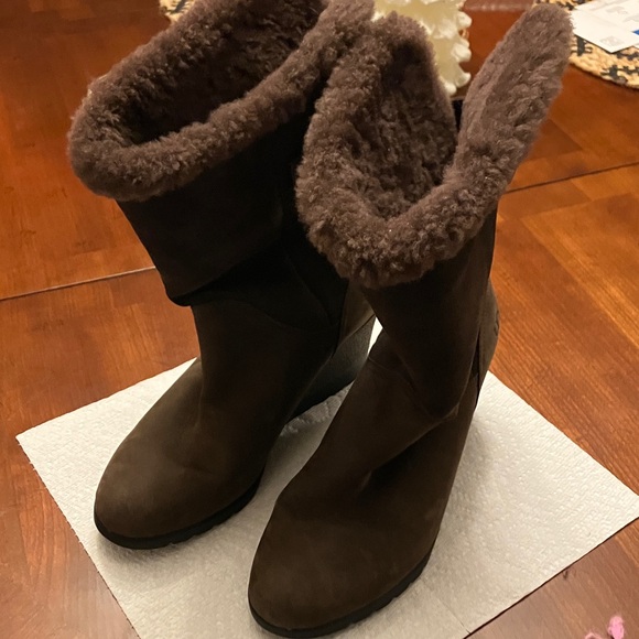 UGG Shoes - UGG Dark Brown Shearling-Lined Boots. Wedge heel.Size 7. Wear high or roll down!